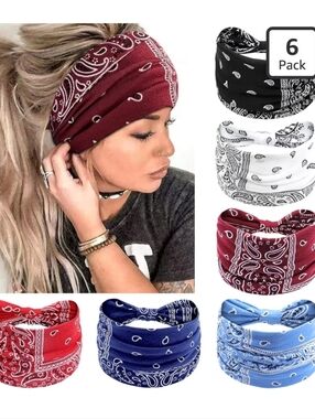 6-Pack Women’s Bandana Headbands - Red, Black, White, Navy, Light Blue, Burgundy